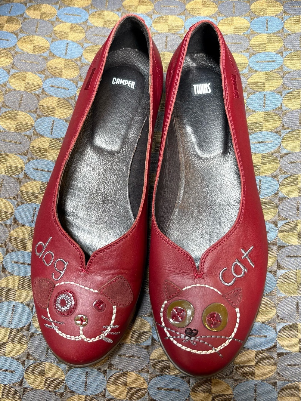 Rare Red Camper Leather Twins Flats with Embroidered Cat and Dog Faces